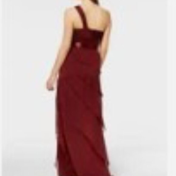 Size 10 Adrianna Papell Deep Wine Draped One Shoulder Flutter Gown Formal Dress - Picture 2 of 5